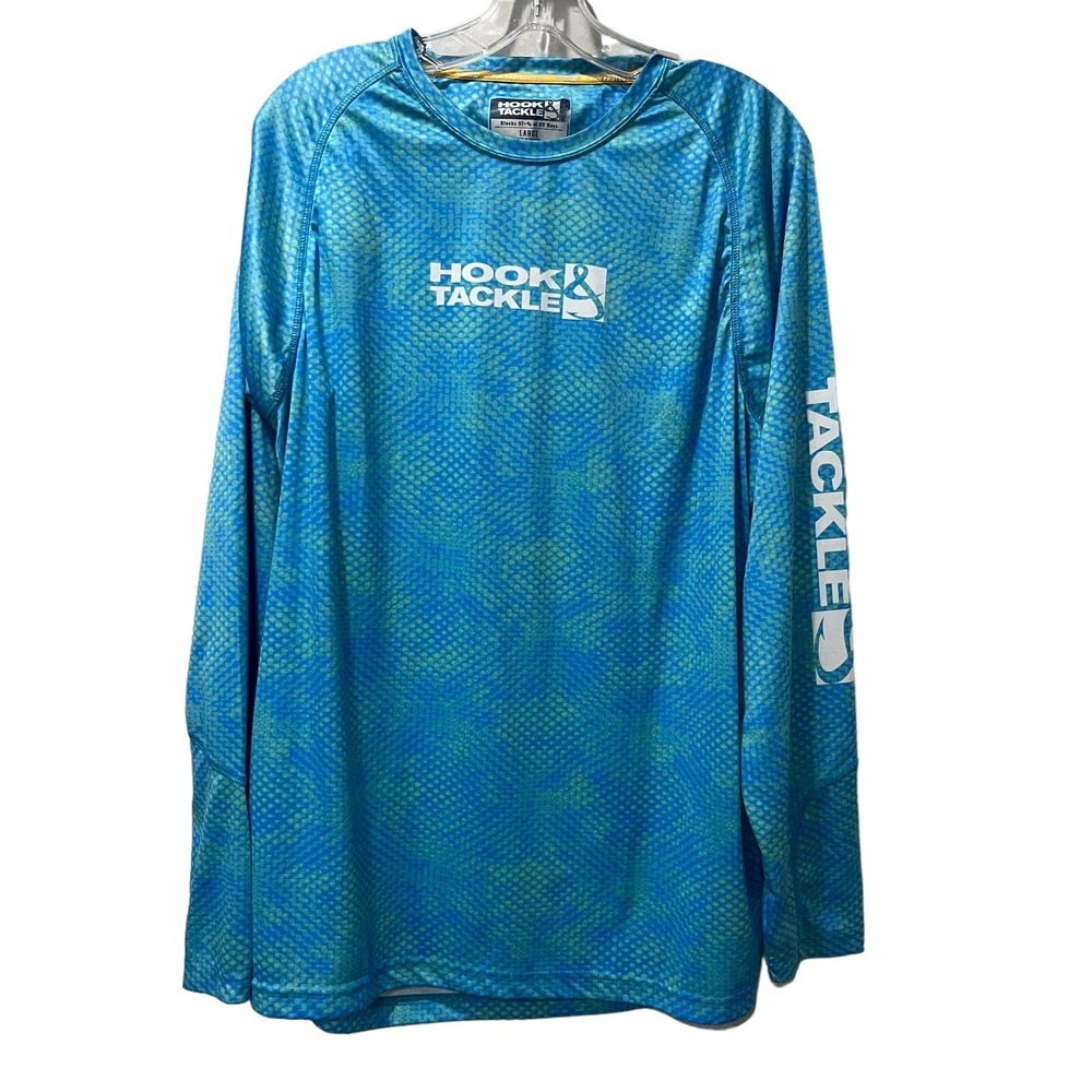 Hook & Tackle‎ Long Sleeve Fishing Shirt Large UV Protection Men's Blue Green